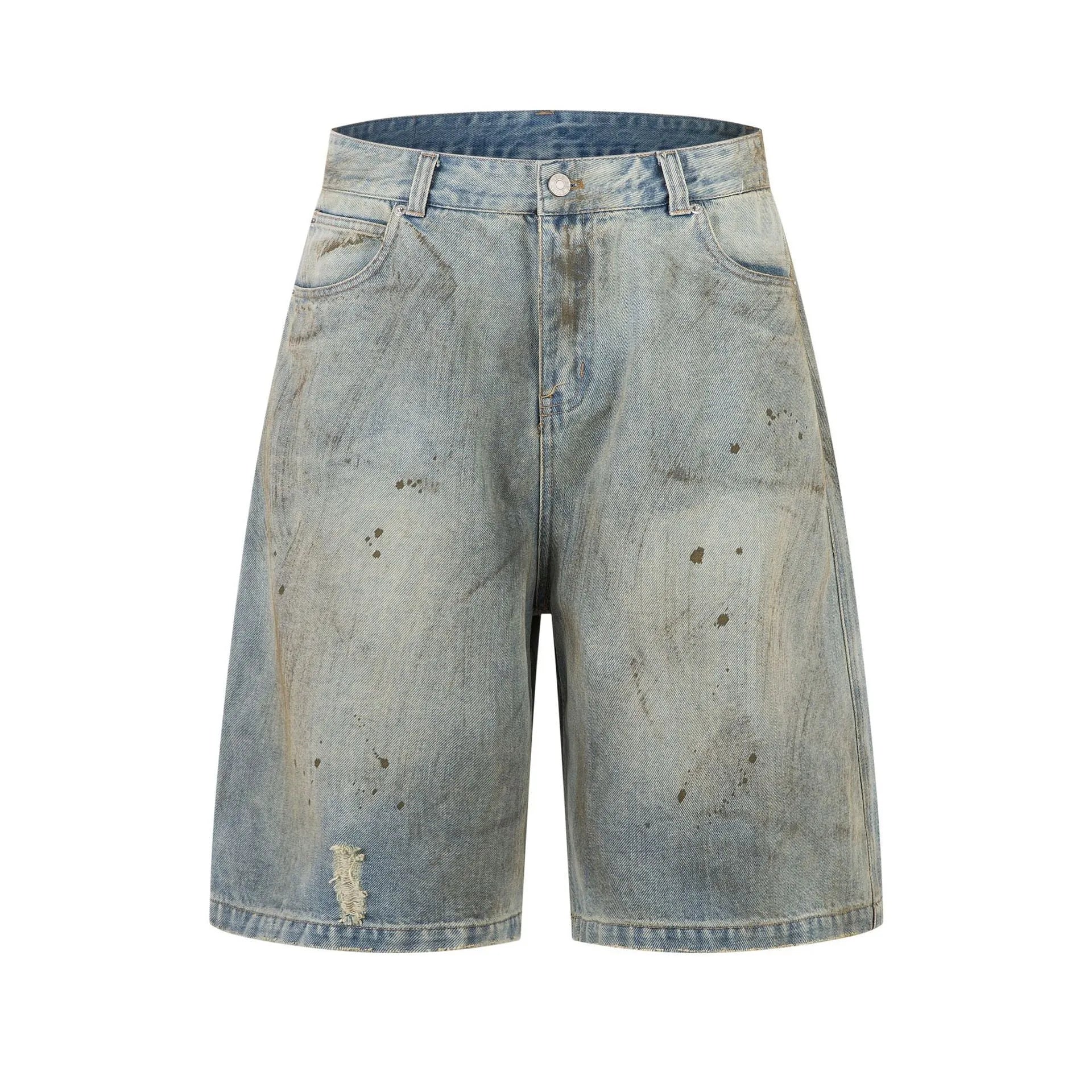 Blue washed cropped straight-leg denim jeans on a model, showing mid-length cut and street-fashion style.