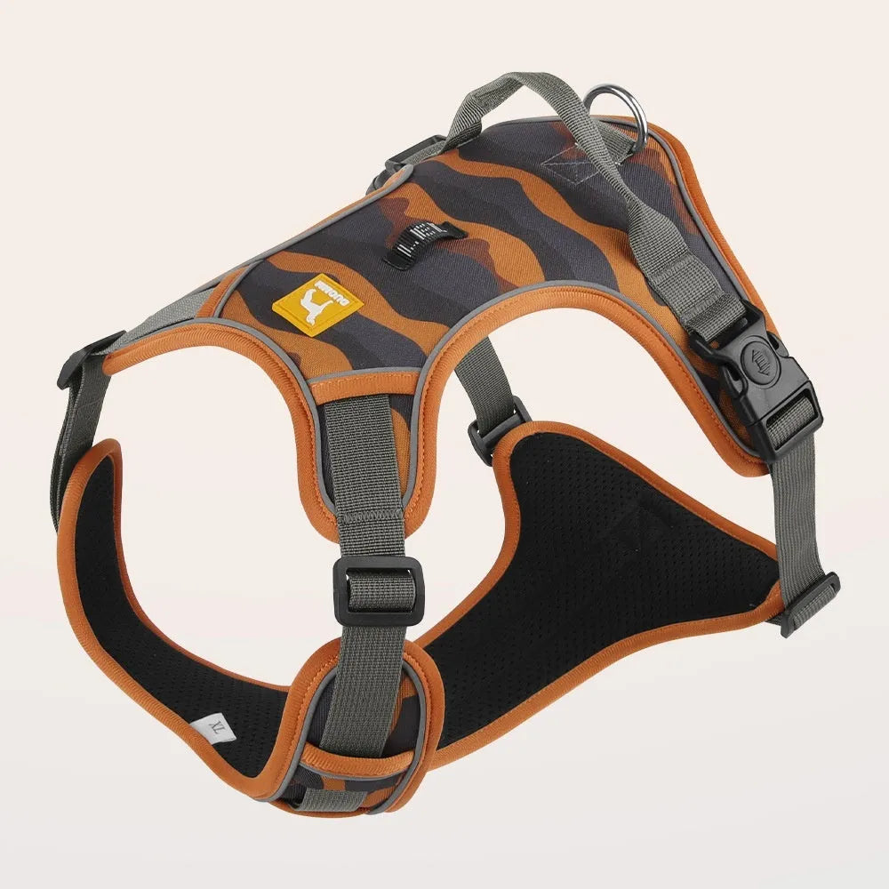 Orange reflective dog harness and leash combination for commuter safety, shown with size options.