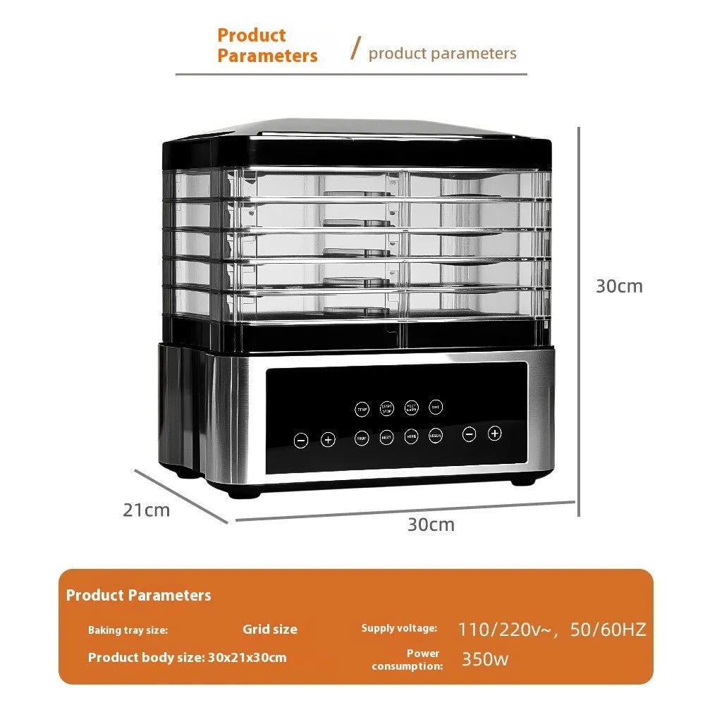 Silver stainless steel fruit dehydrator food dryer with temperature control dial and 14L capacity
