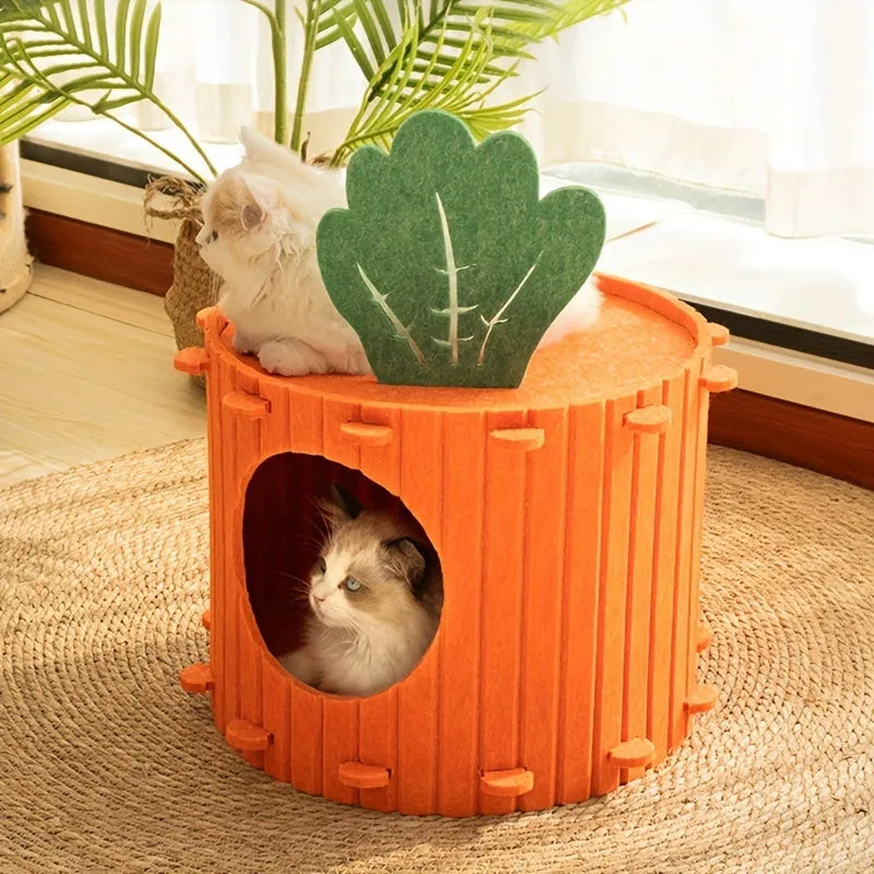 Carrot-themed cat nest with felt tunnel, semi-enclosed cattery in two size options.