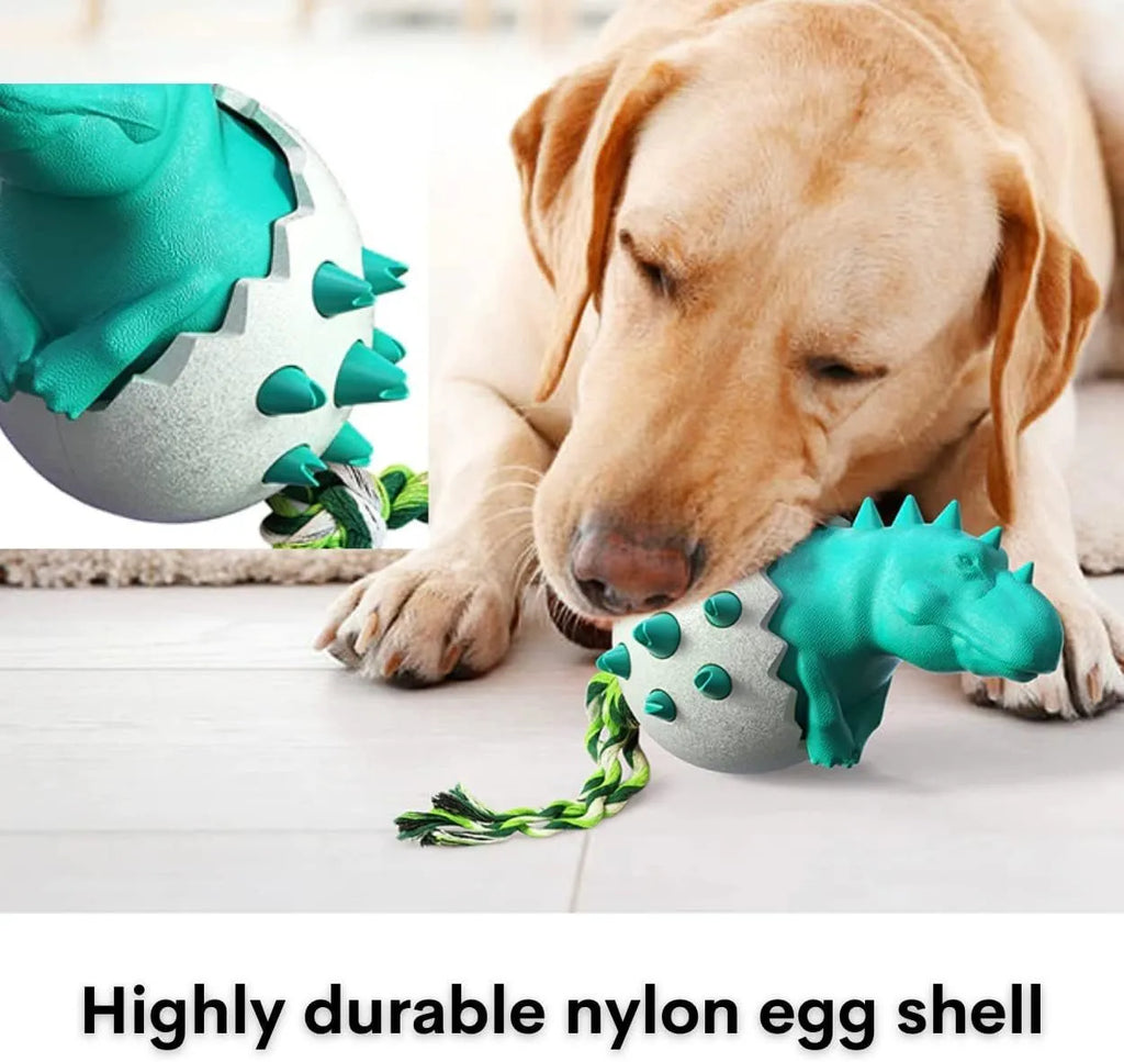 Blue durable rubber dog chew toy with dino design, rope, and textured surface for aggressive chewers.