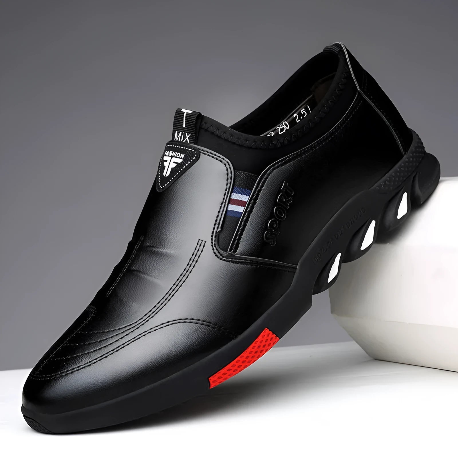Men's black and brown PU leather flat loafers for business-casual spring wear.