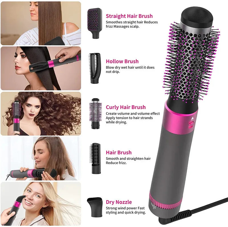 Dyson grey 5 in 1 hair dryer brush styling tool with multiple brush attachments on white background