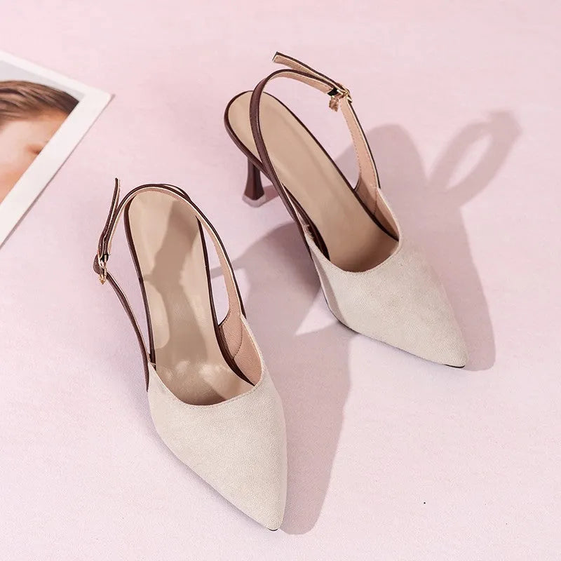 Women's colourblock pointed stiletto sandals in suede leather with rear empty toe cap and buckle fastening