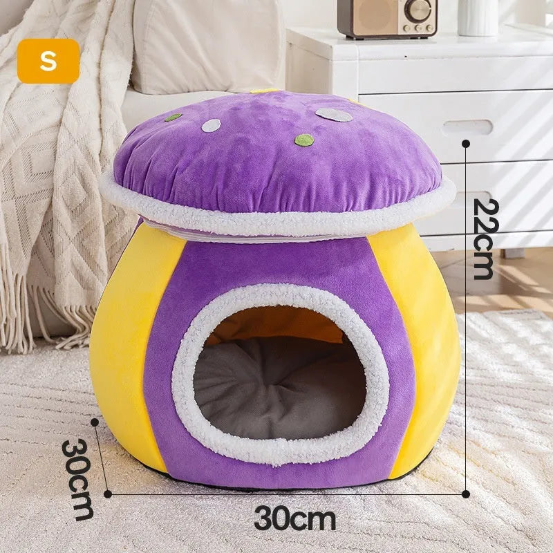 Mushroom-shaped plush cat bed in grey colour with detachable blanket