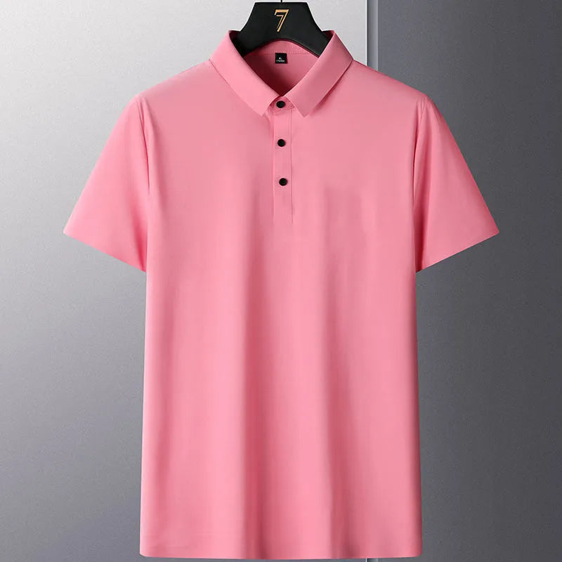 Men's solid colour non-ironing short sleeve shirt in a business casual style on a hanger.