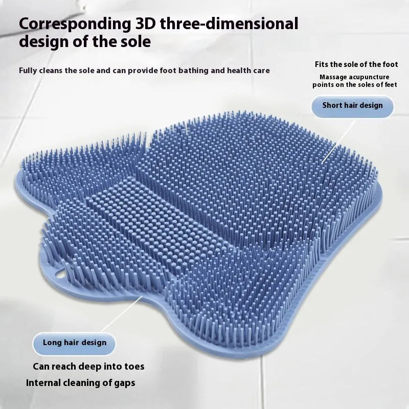 Blue silicone bath scrubber mat with bristles, shown next to grey and pink colour options.