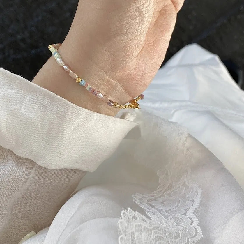 Purple natural pearl bracelet and necklace set on 14K gold-plated silver with U-shaped design