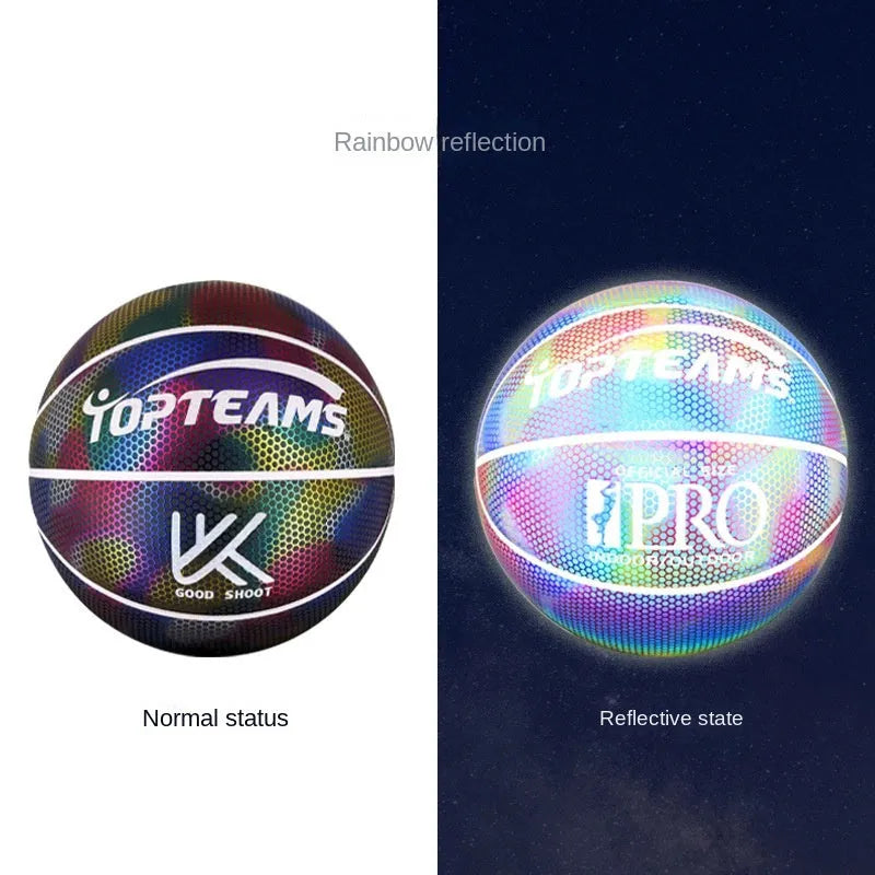 Chroma and white PU basketball with holographic reflective patches, size 7