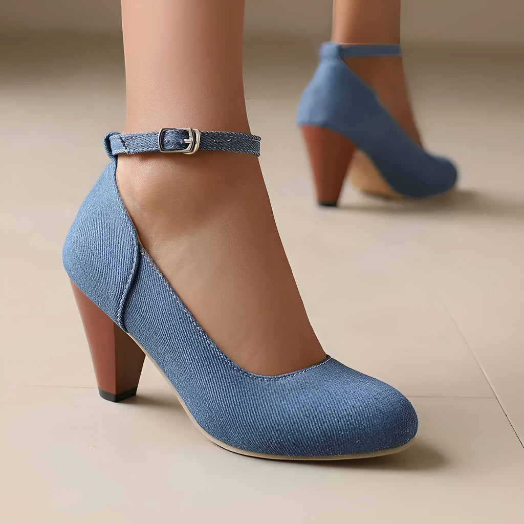 Blue denim women's high heel shoes with a buckle strap and thick waterproof platform sole.