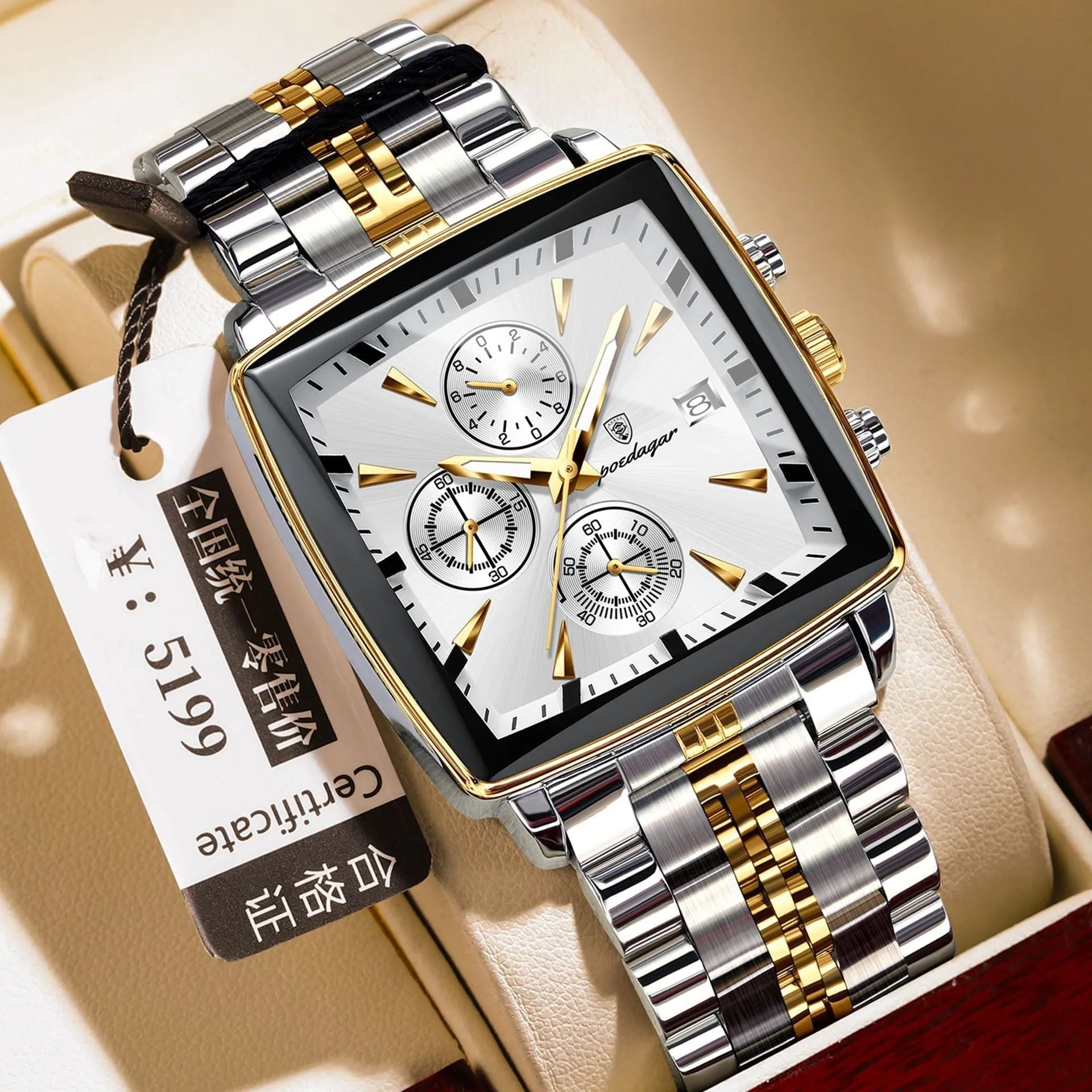 Square men's business quartz watch with stainless steel strap and butterfly buckle