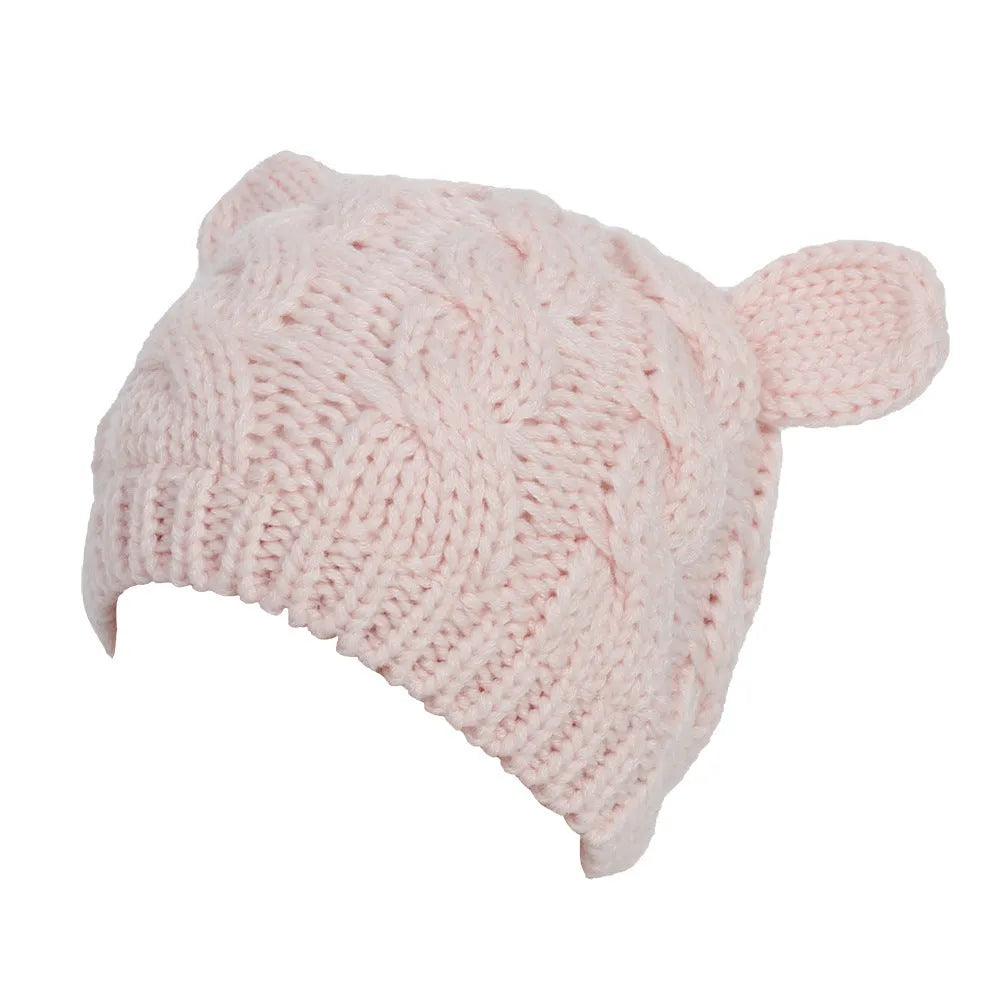Hand made 3D cat ear knitted winter beanie in wool material showing multiple colour options