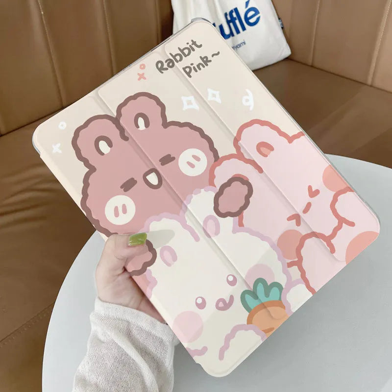 Silicone tri-fold iPad protective case with cartoon rabbit design shown open as a stand