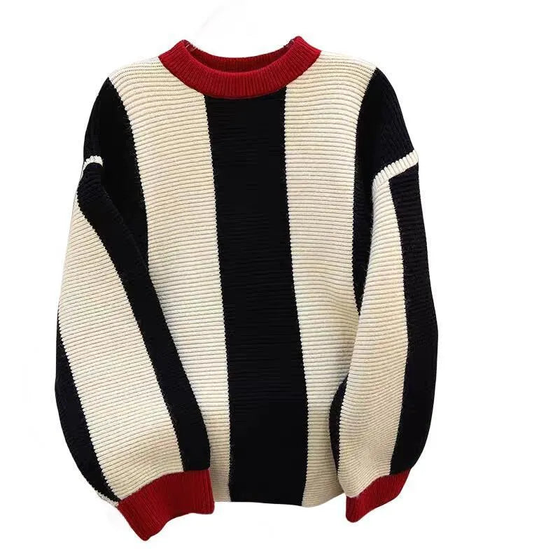 Women's striped cashmere sweater with round neck and contrast colour detailing.