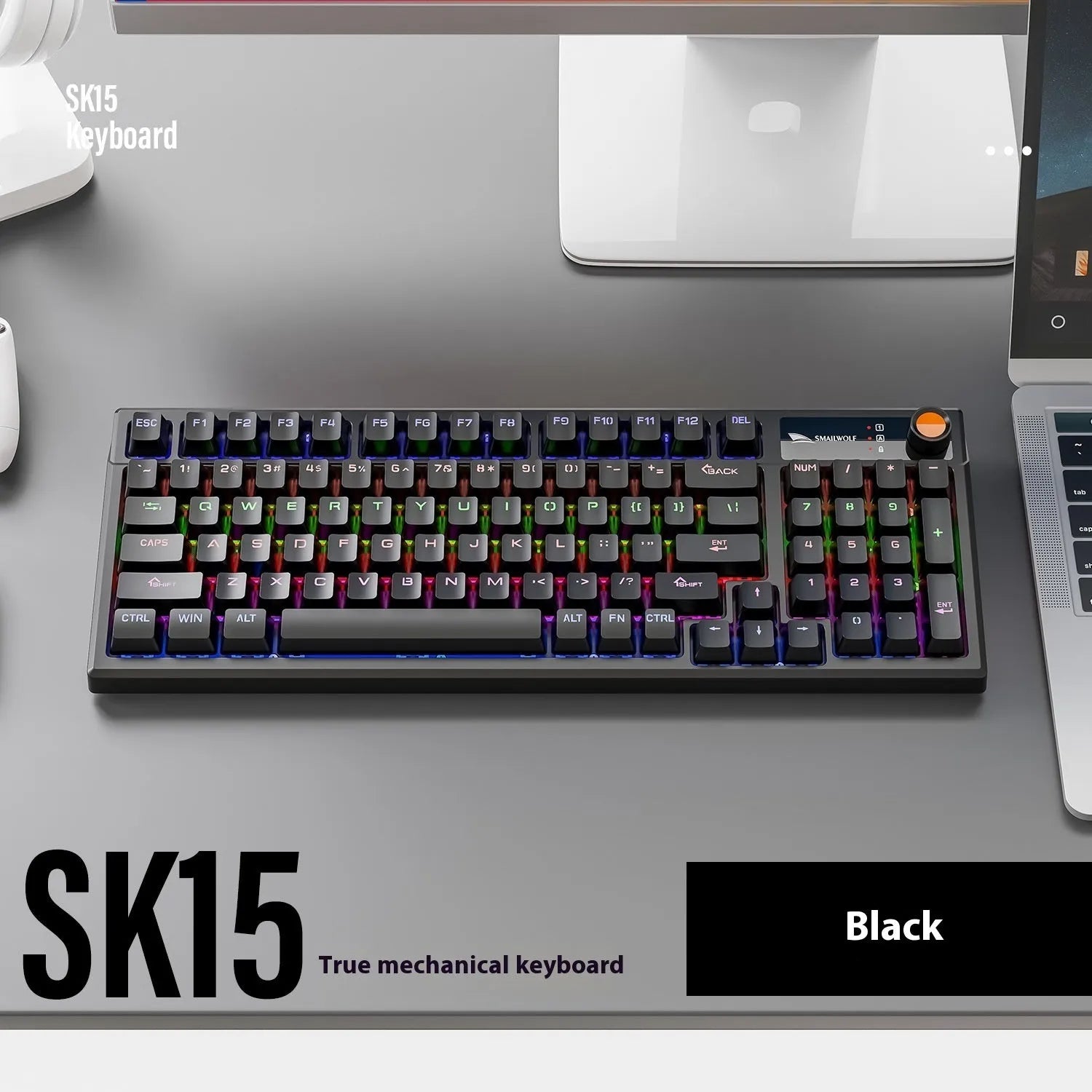 SK15 wired mechanical keyboard for laptops in autumn water blue, black or sunset orange colours