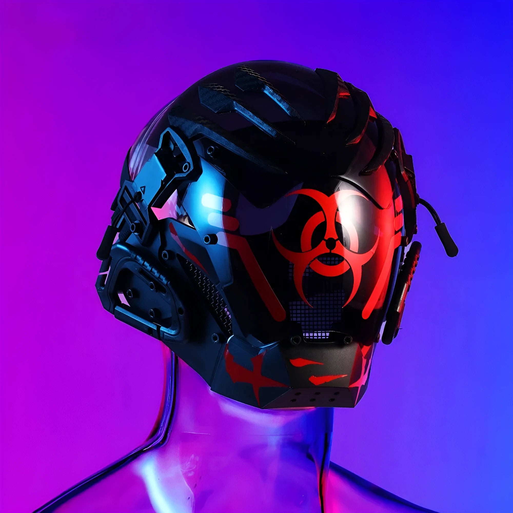 Black cyberpunk-style full face prop mask helmet model CYBER04 for cosplay and parties.