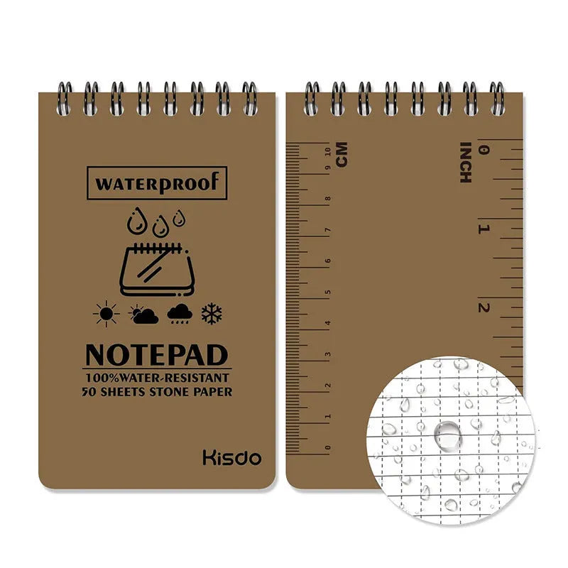 Spiral-bound waterproof office notepad in camouflage colour with stone paper pages.
