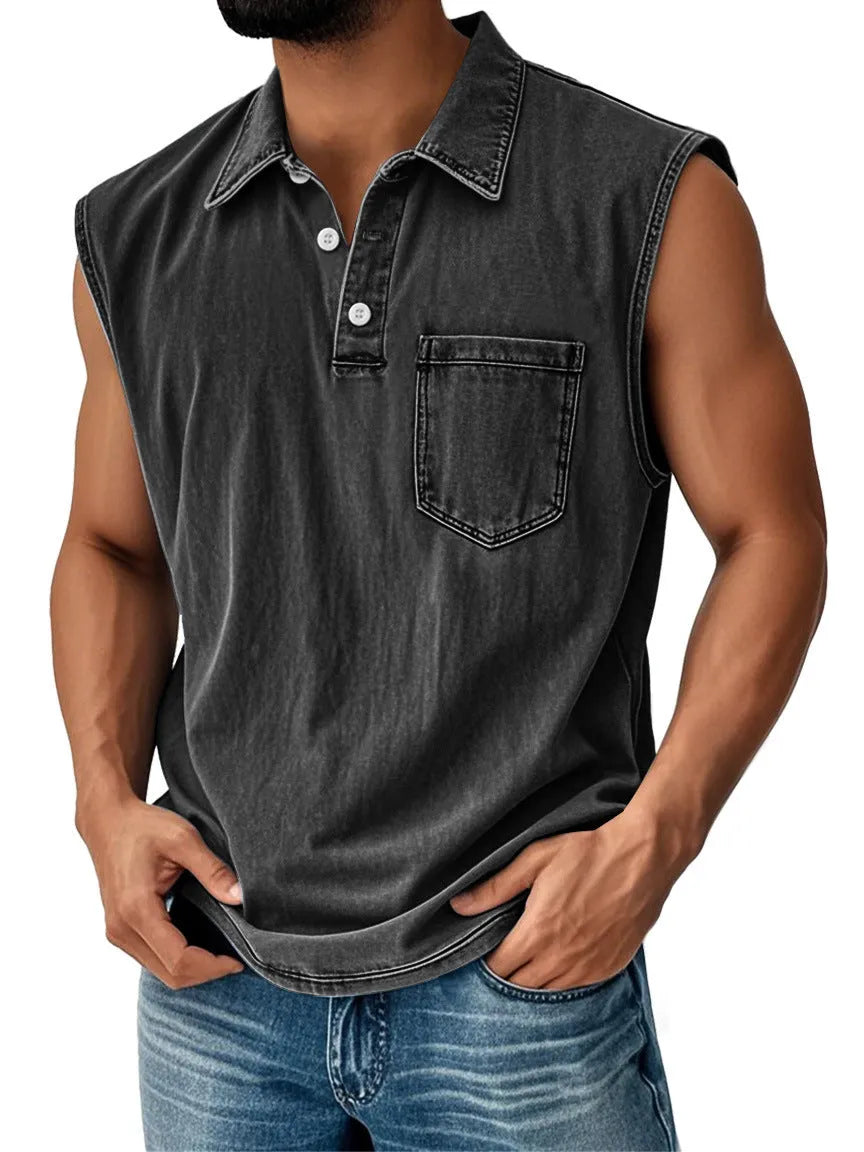 Man wearing a loose-fit short-sleeve polo shirt with a 3D digital print design.
