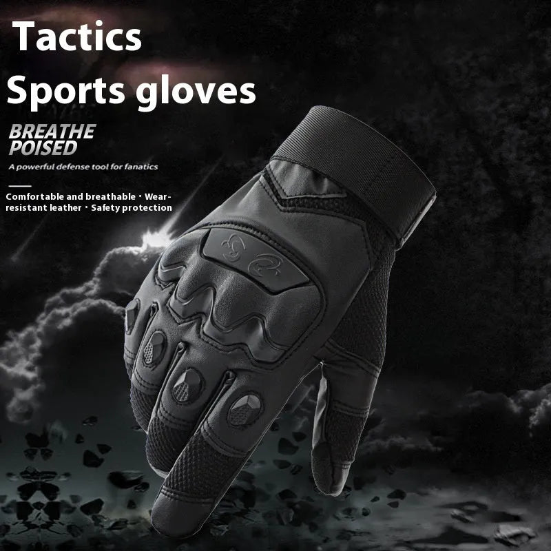 Men's black full finger tactical gloves with touch screen capability on the fingertips.