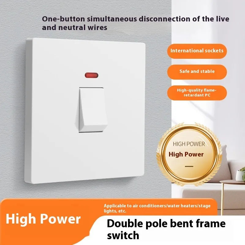 High-current illuminated switch socket for water heaters and air conditioners in gold, grey or white