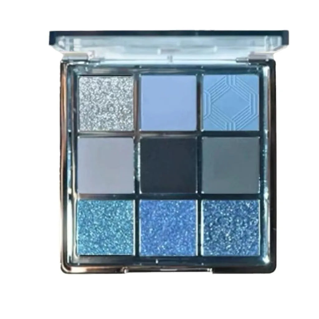 MUGELEEN nine-colour eye shadow palette 08 showing matte and shimmer shades including smoked blue.