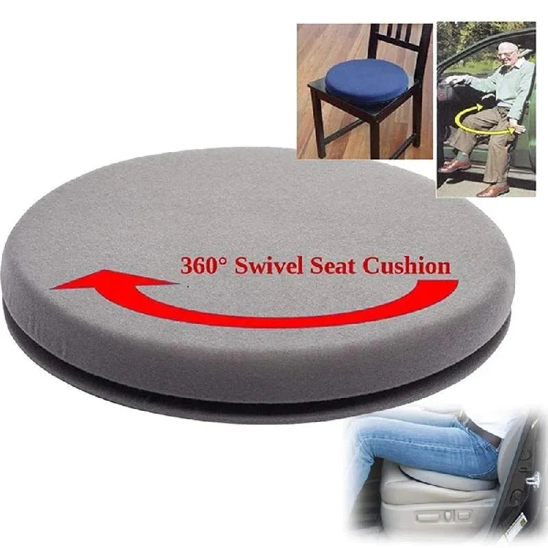 Circular grey rotating car seat cushion with plush fabric on a car seat.