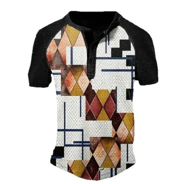 Men's short sleeve sports shirt with 3D printed pattern and lapel button in polyester fabric
