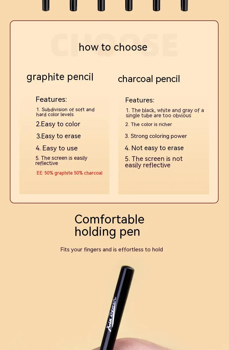 Set of six graphite sketching pencils for art, showing wood-free full lead construction.