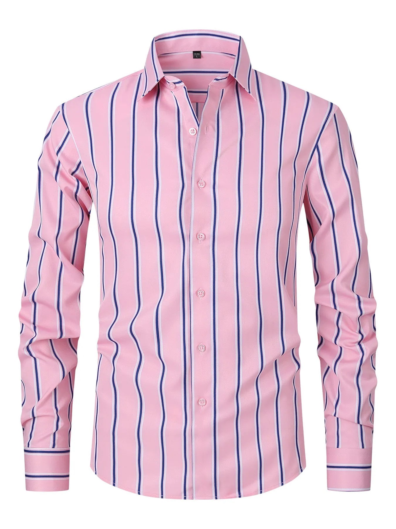Men's slim fit striped long sleeve business shirt in polyester blend fabric on a hanger