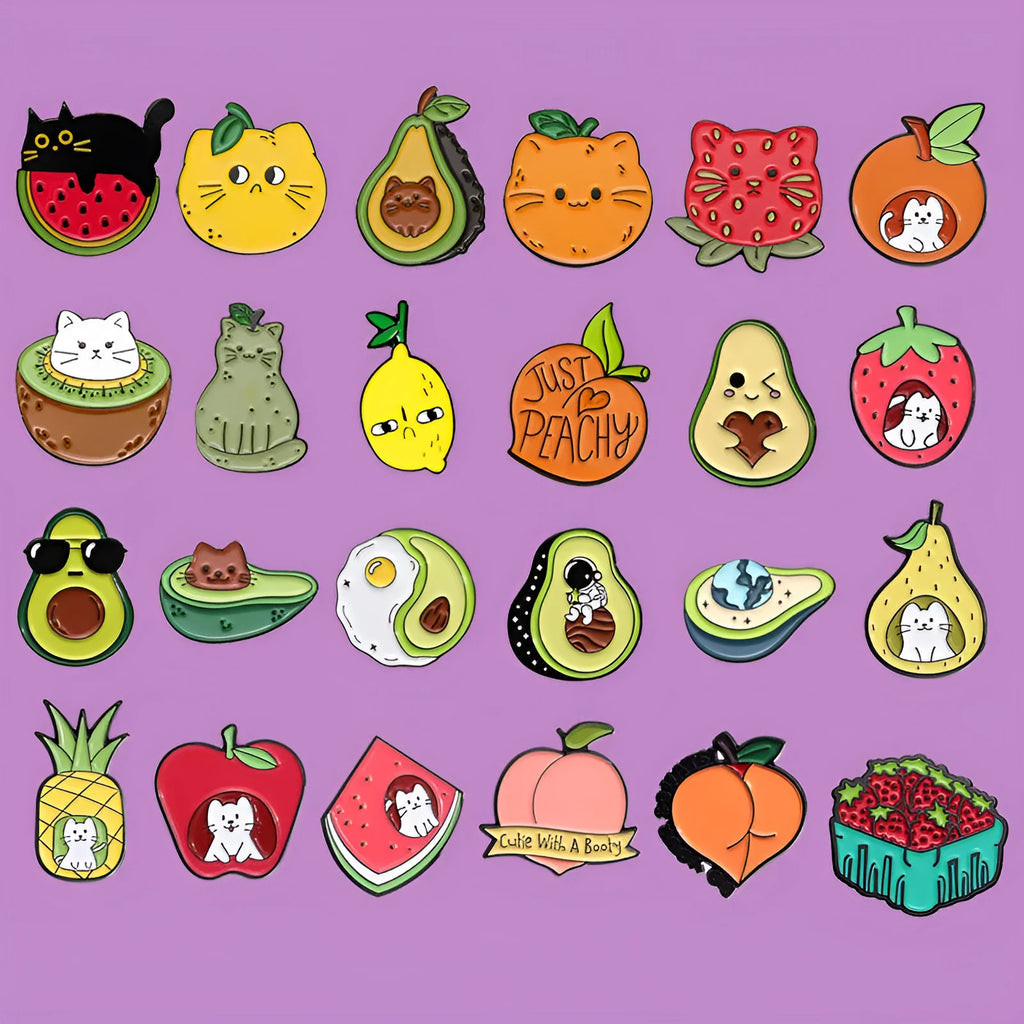 Colourful cartoon fruit design metal brooch with letters on a zinc alloy pin.