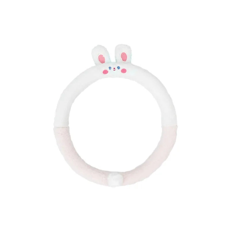 Plush winter steering wheel cover with rabbit fur embroidered cartoon designs in 38cm diameter