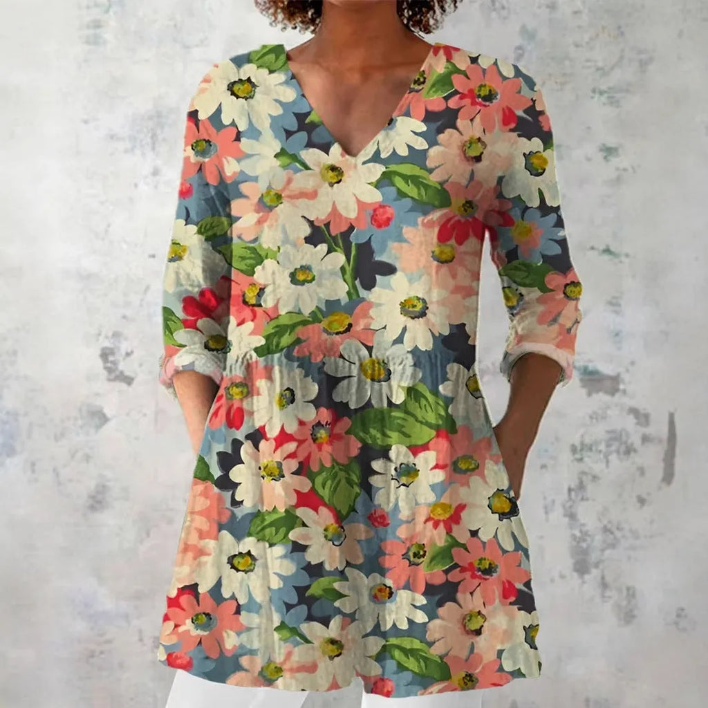 Women's retro-style slim fit printed long-sleeved top in a selection of colours.