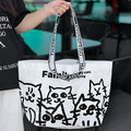 Blue waterproof woven handbag with colour printing showing clothing and cosmetics inside