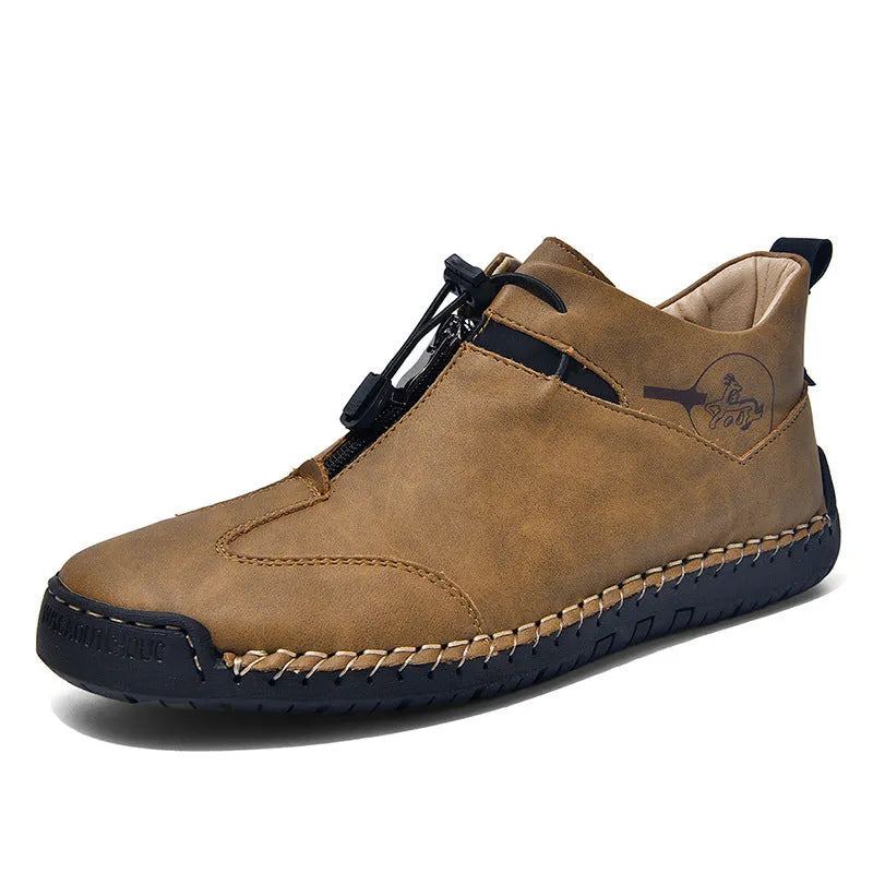 Men's casual leather shoes with mid heel and tall crown in black blue green khaki colours