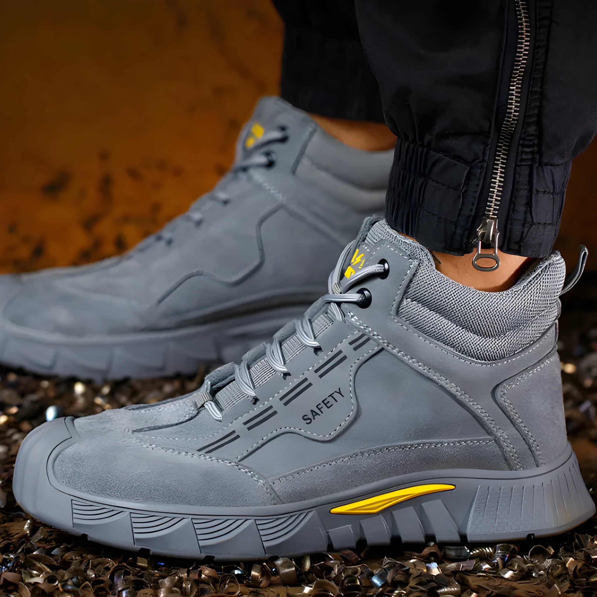 Men's winter high-top velvet cotton safety shoes with steel toe on grey background