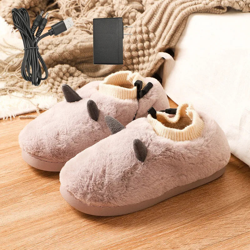 Plush velvet USB heating slippers with a USB cable and power converter, shown in taro purple colour.