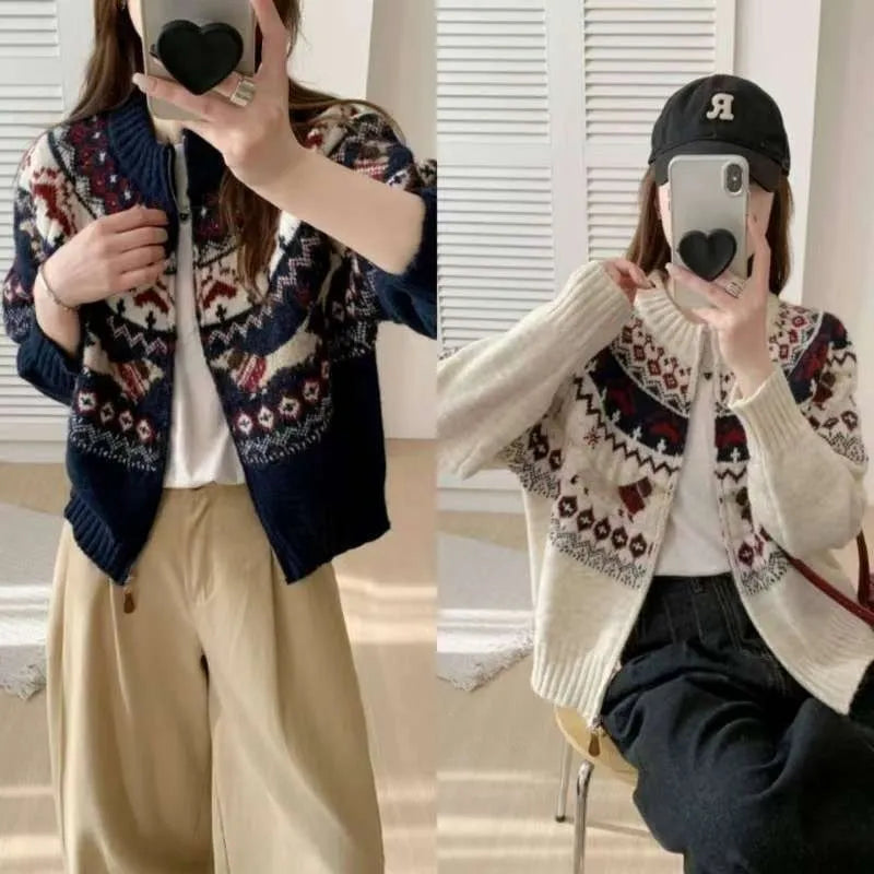 Women's ethnic jacquard pullover sweater with 3D pattern in beige apricot, showing loose fit and long sleeves.