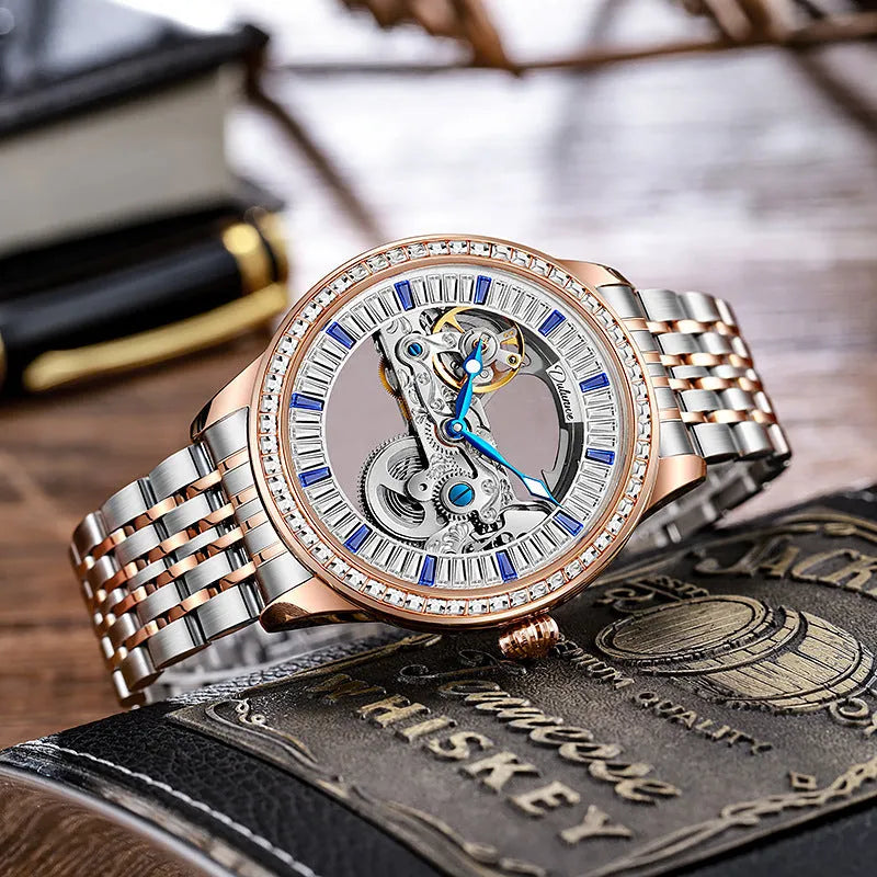 Men's mechanical watch with exhibition case back, onion crown, on a stainless steel or leather strap