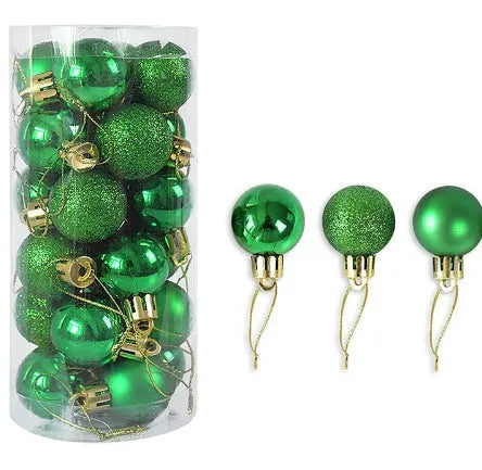 Assortment of shiny matte finish 3cm Christmas ball ornaments in gold, red, silver, and blue colours.