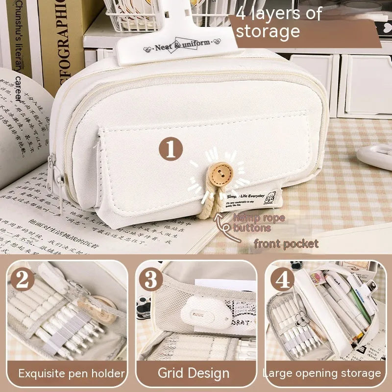 Korean style canvas pencil case in green colour showing large capacity for multiple pens