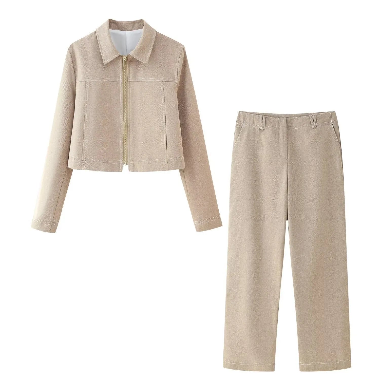 Women's herringbone pattern suit set with 3D embroidery, featuring a long-sleeve jacket and straight-leg trousers.