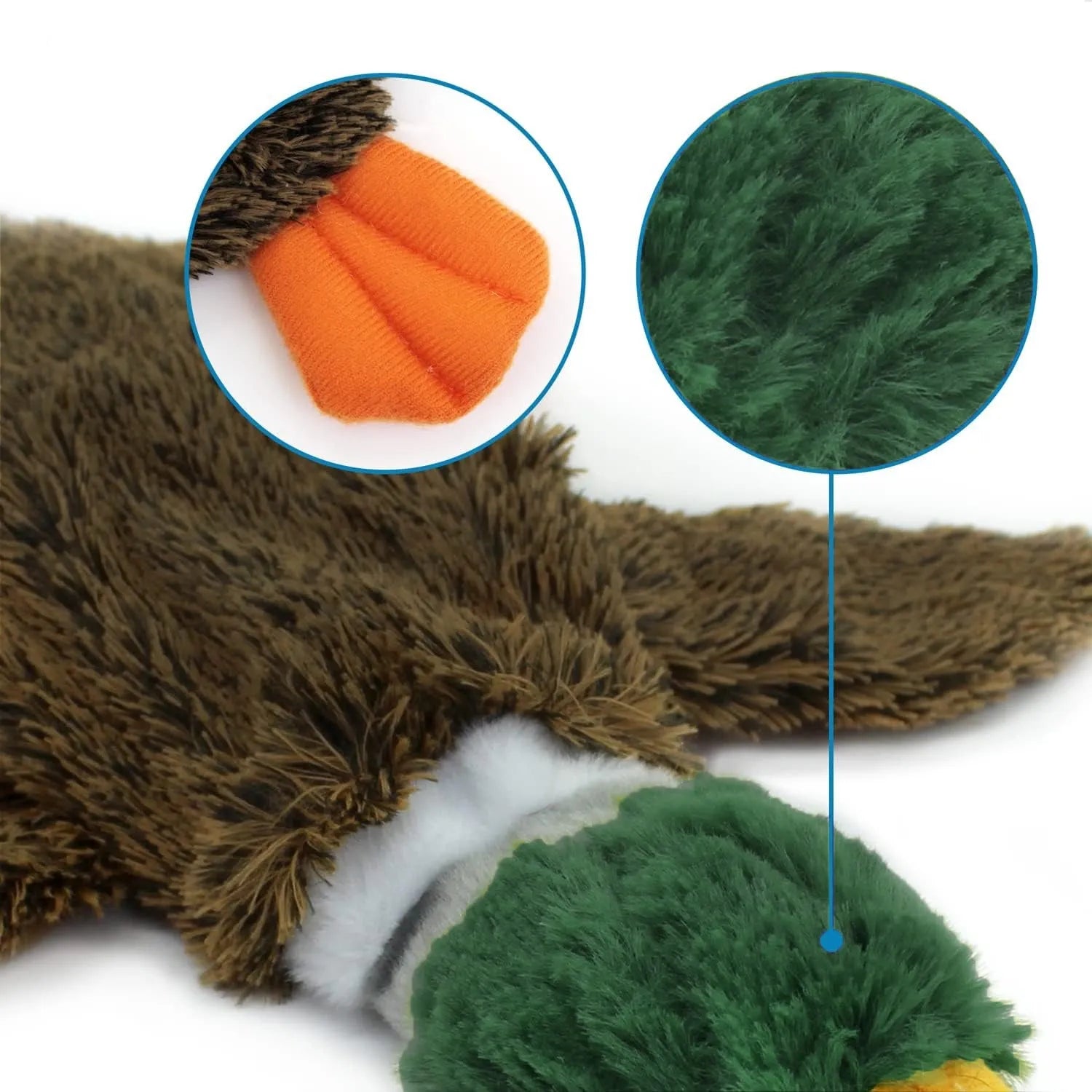 Green 1Wild Duck stuffless dog toy with squeakers and a bottom opening for a bottle.