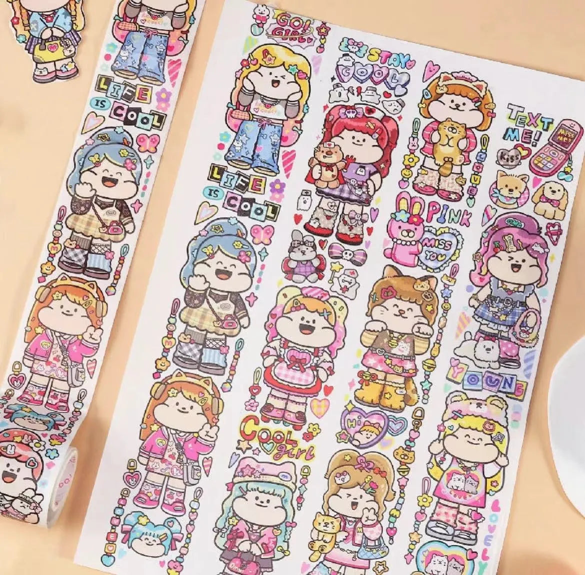 Sheet of cute cartoon character stickers on Japanese paper for haemorrhoid tape packaging and planners.