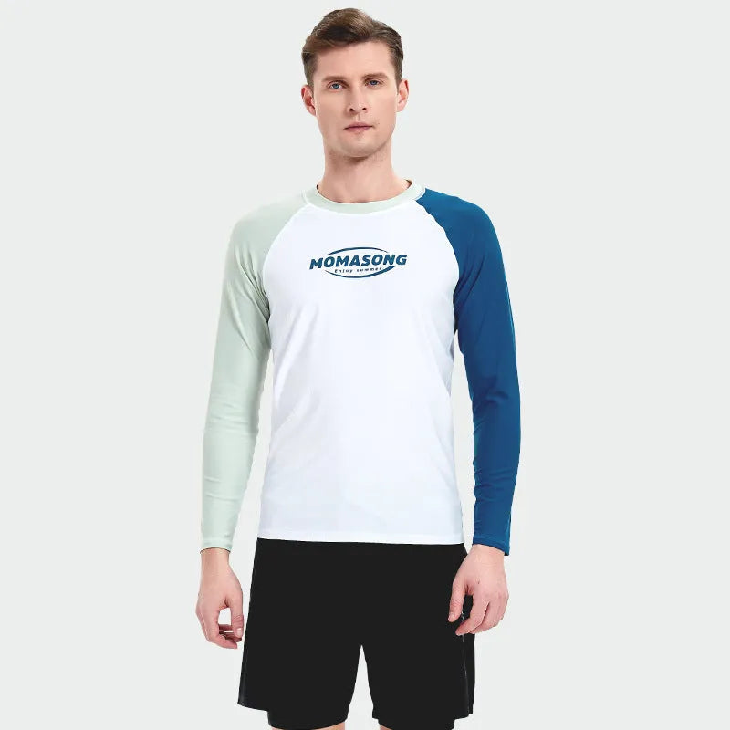 Men's white long-sleeve swim shirt and matching colour block swim trunks set on a man.