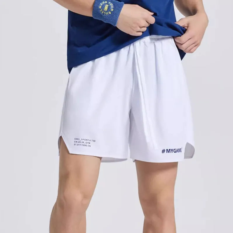 Men's fitness training shorts in midnight blue with moisture-wicking fabric and four-point stretch construction