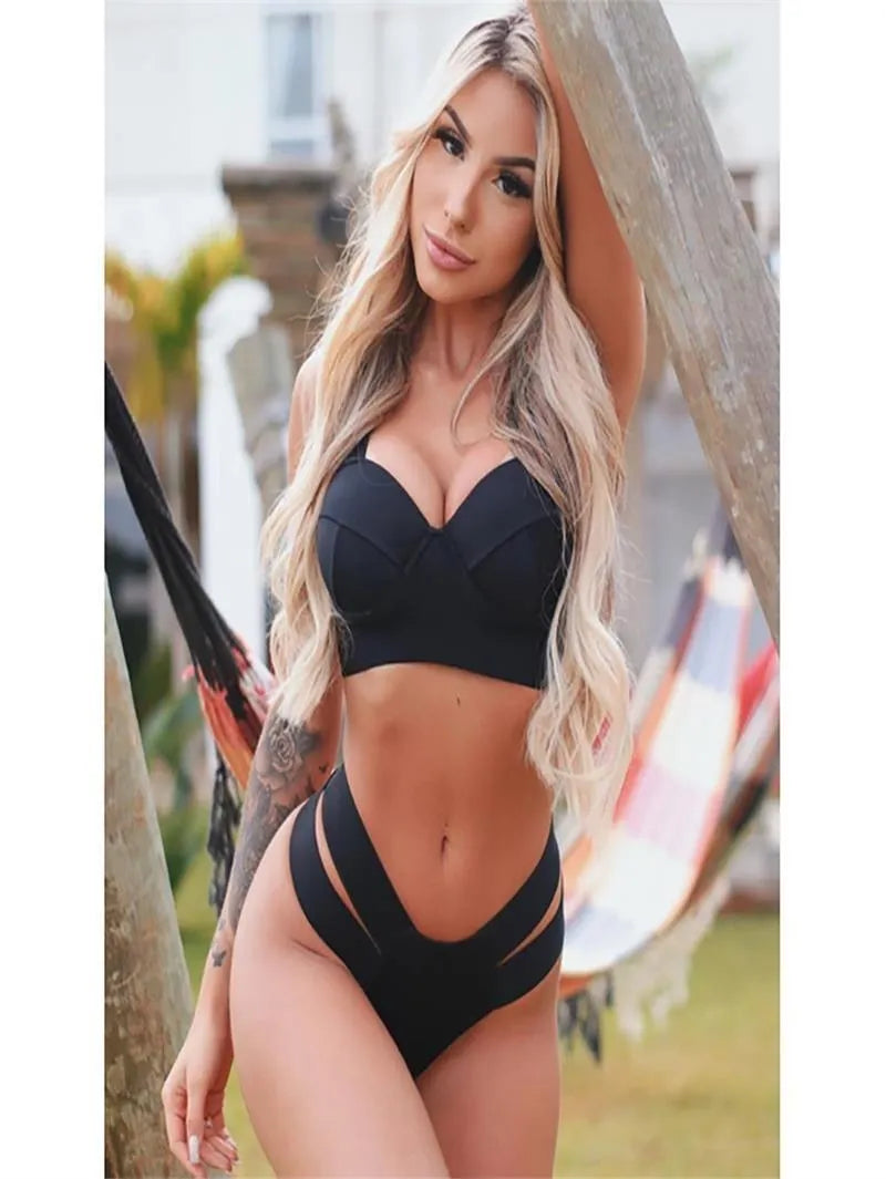 Women's rose red steel bracket push-up bikini swimsuit laid flat.