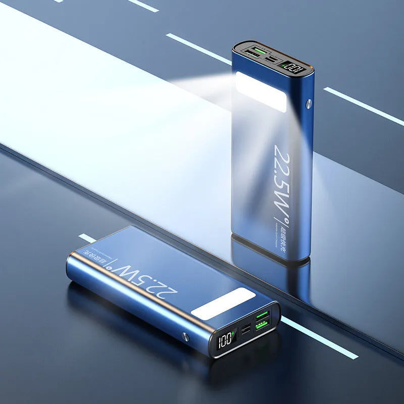 Alloy shell power bank with LCD display in black, blue, green, or red, showing 22.5W super fast charging.