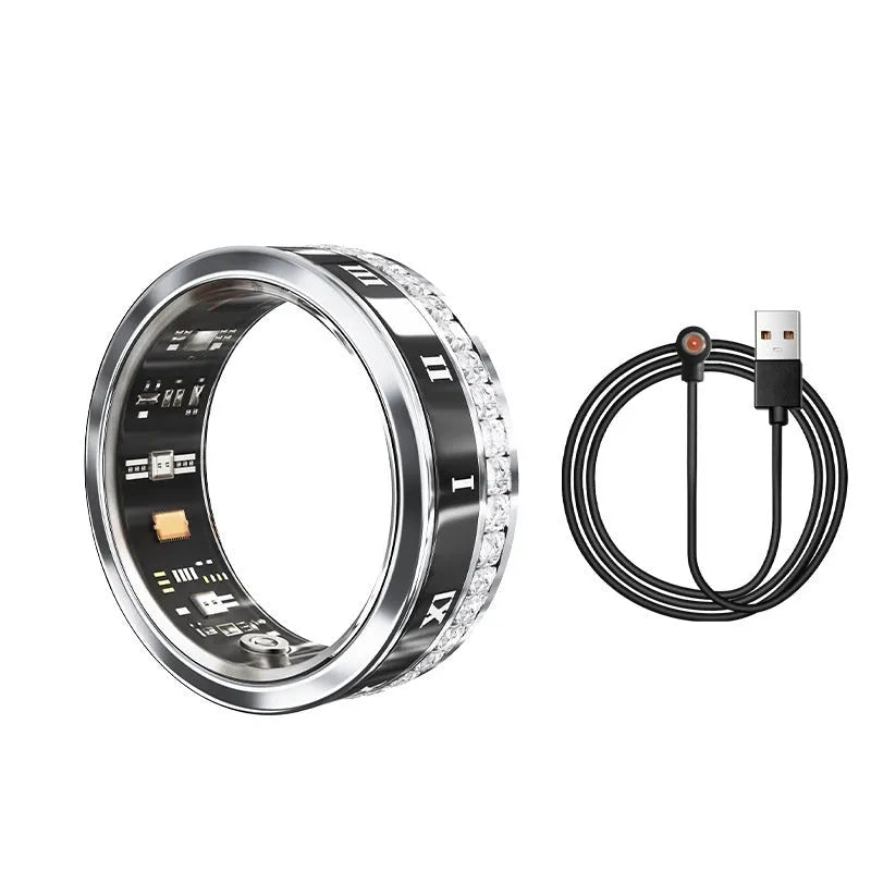 Gold and silver smart rings with diamond inlays displaying blood oxygen monitoring technology on a finger.