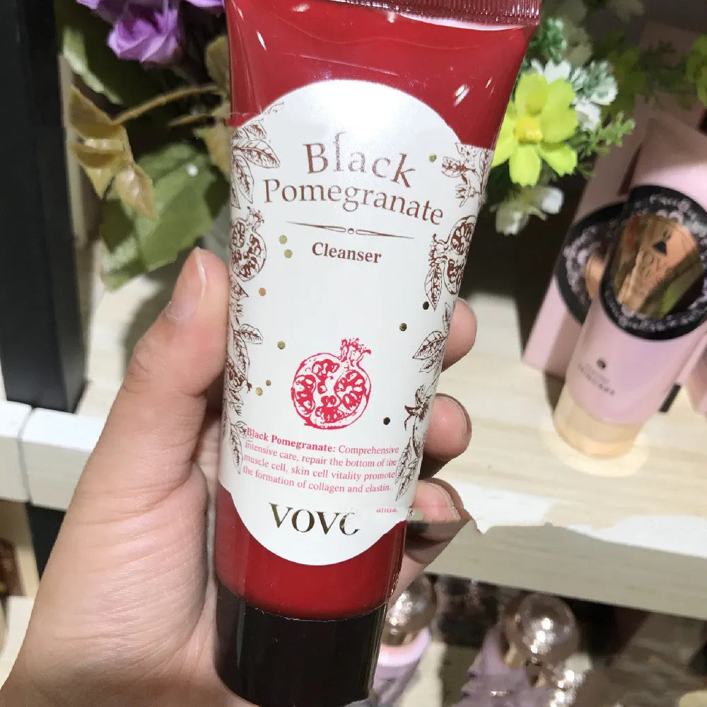 Pomegranate skincare six-product set showing cleanser, moisturising water, milk, essence, cream, and eye cream