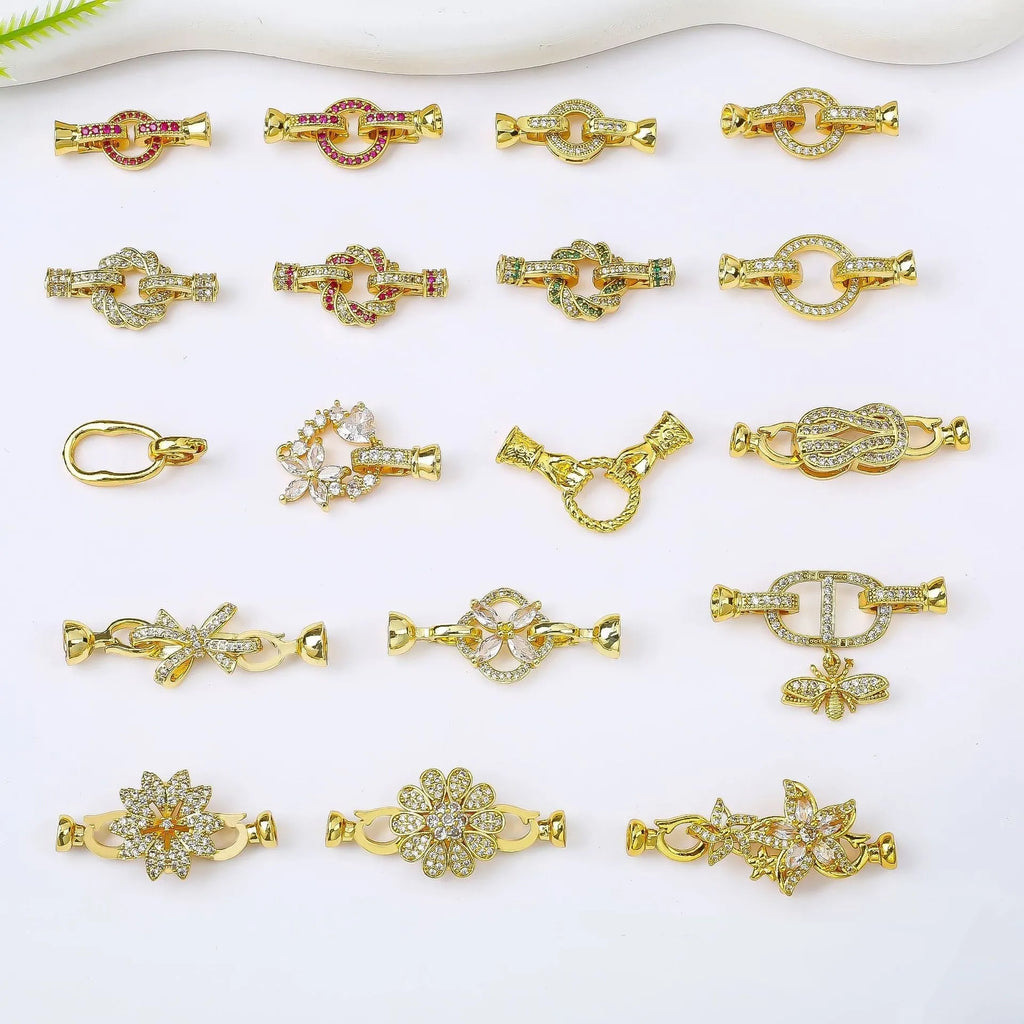 Small gold-plated chain buckle for DIY jewellery, shown in gold, rose gold, and silver colour options.